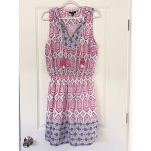 Hatley Sleeveless Dress Women L Pink Blue Boho Tassel Tie Waist Lined Summer